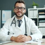 Cabinet de medicină de familie cu birou, stetoscop și dosare medicale pregătite pentru consultații